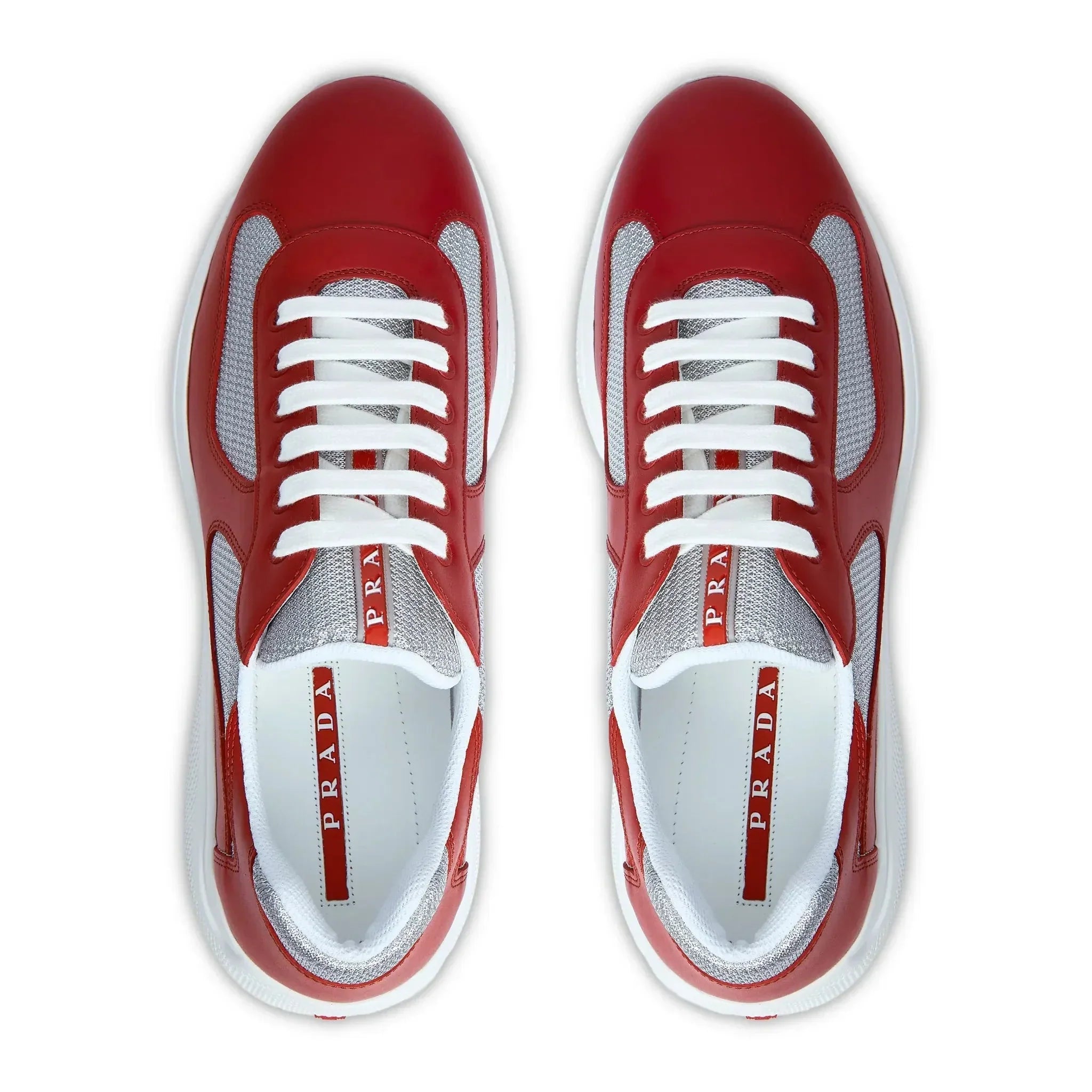 Prada Americas Cup Sneaker aus weichem Gummi und Fahrradstoff, Rot Silber