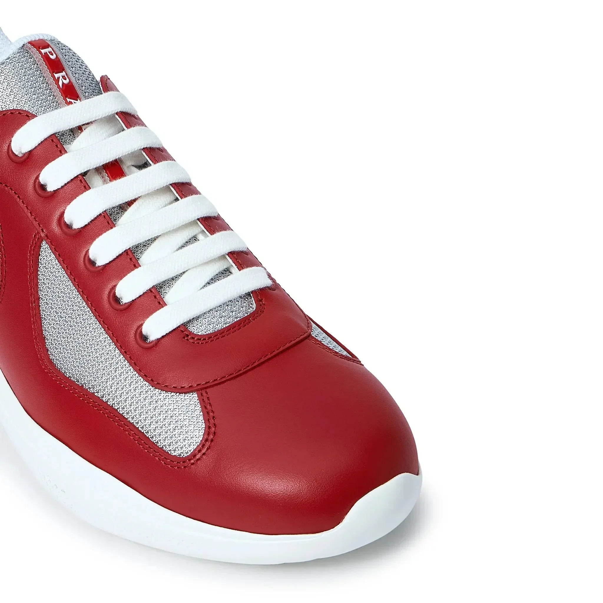 Prada Americas Cup Sneaker aus weichem Gummi und Fahrradstoff, Rot Silber